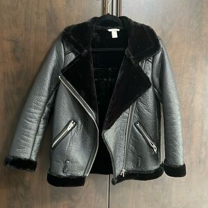 Faux Fur Leather Jacket Black - size 6